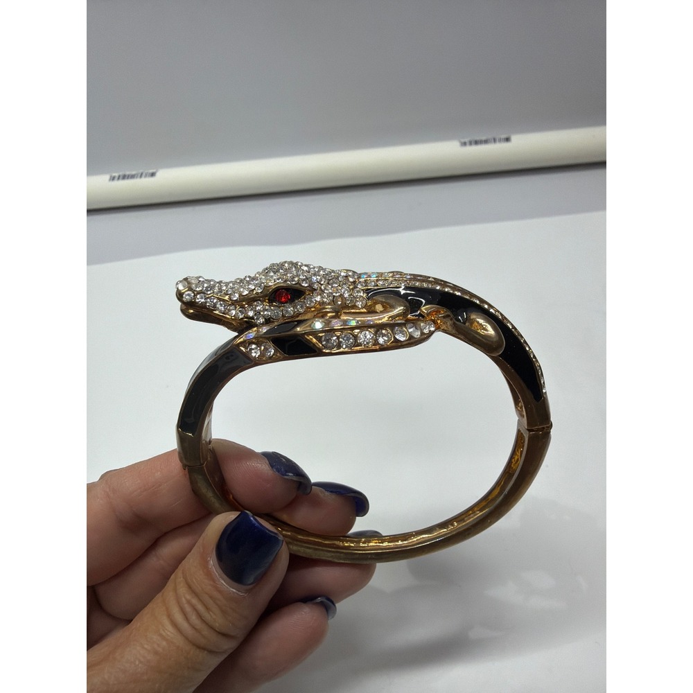 Gold Tone Rhinestone Alligator Bypass Bangle Bracelet Black Enamel Red Eyes